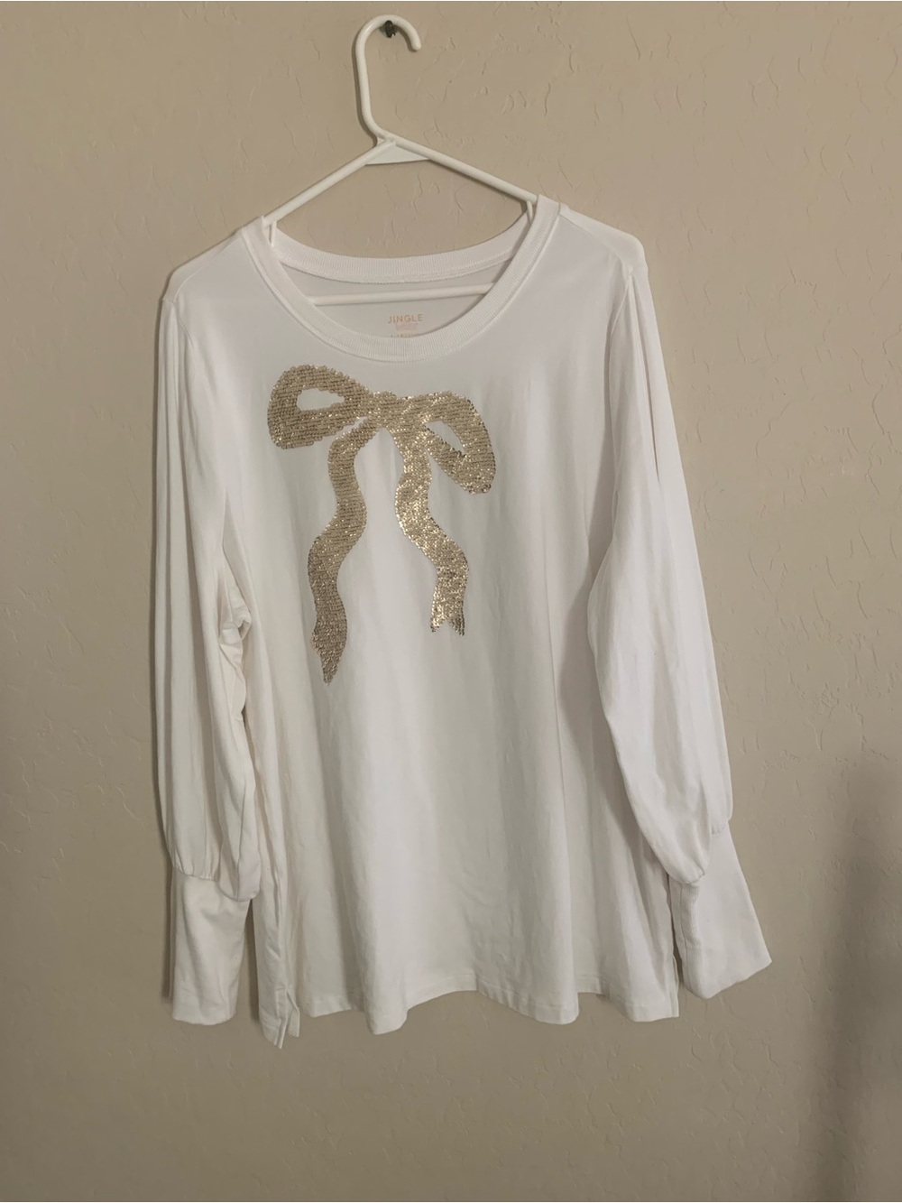 White Long-Sleeve Top with Gold Sequin Bow Jingle by Belle
